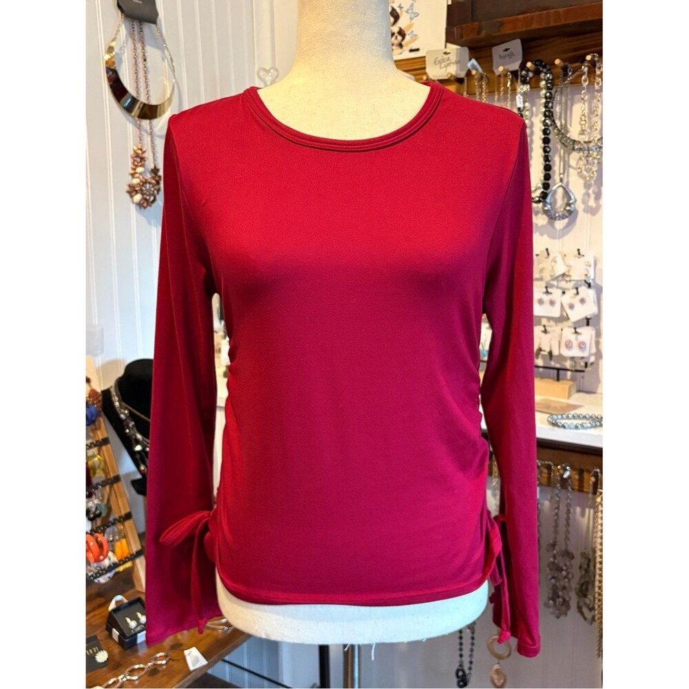 Olivia Rae Long-Sleeve Tie-Hem Top — Wine Red